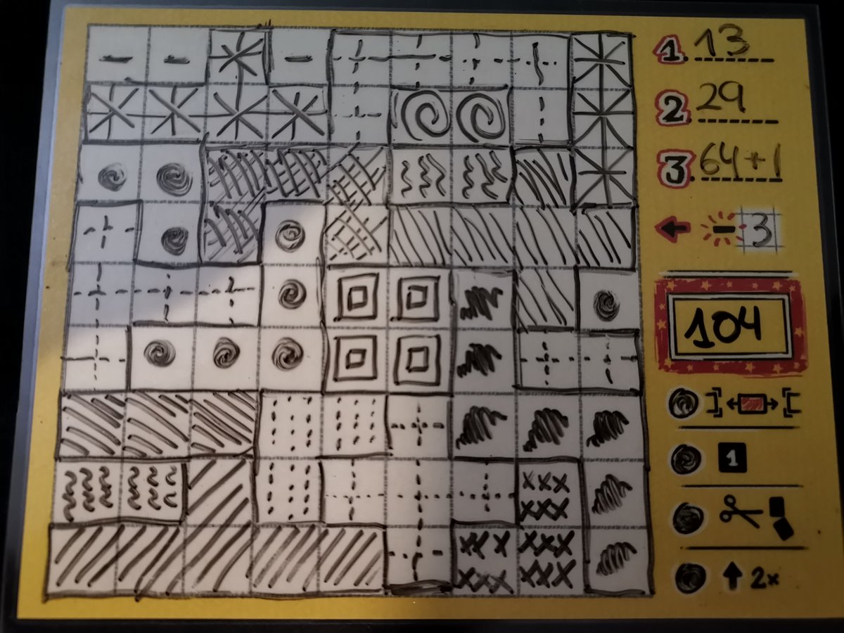 Oxymo_Rhon's tweet photo. Un par de partidas al #PatchworkDoodle.
Creo que he conseguido mi récord de puntuación quedándome a 3 meras casillas vacías.
Aunque me falta arte para sombrear o rellenar, pero es que soy de dedos torpes 😅 https://t.co/kNHCmYEZo5