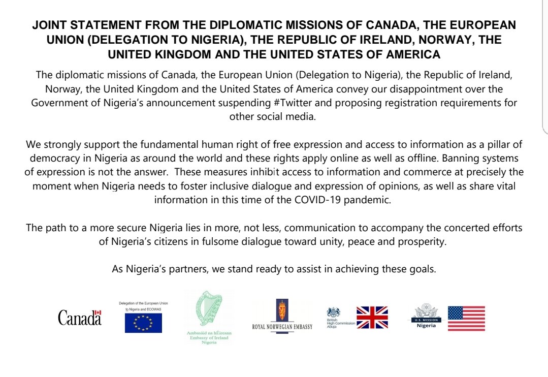 JOINT STATEMENT FROM THE DIPLOMATIC MISSIONS OF CANADA, THE EUROPEAN UNION (DELEGATION TO NIGERIA), THE REPUBLIC OF IRELAND, NORWAY, THE UNITED KINGDOM AND THE UNITED STATES OF AMERICA:
