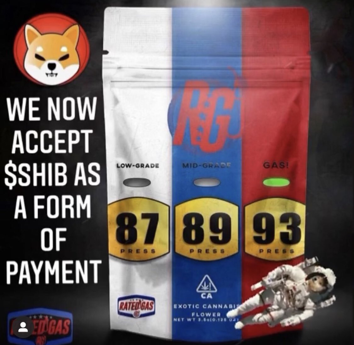 Spread the word #ShibaArmy

$Shib accepted as payment method. 

Proof 👇

instagram.com/rated.gas?utm_…

#shiba #shibainu #shib #shibarmy #ShibaSwap #crypto #cryptocurrencies #ShibaCoin #ShibToTheMoon