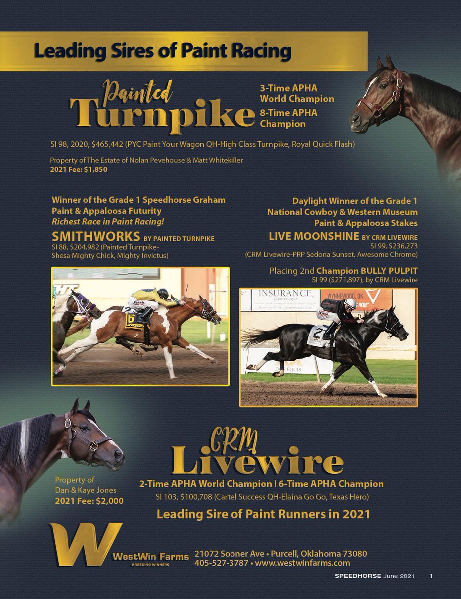 Great day @SHRP for the paints that are by sires who stand @westwinfarms Congratulations to the connections of Southern Electric who won the stake and CI Painted Shadows to took the Futurity! #CRMLivewire #PaintedTurnpike #WestWin