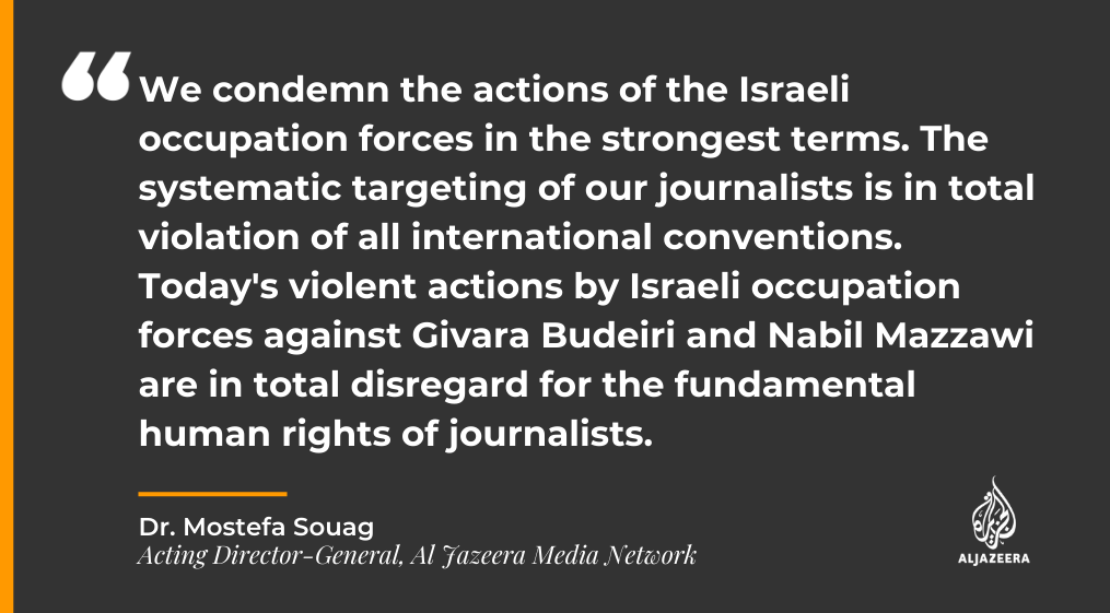 AJEnglish's tweet photo. Al Jazeera condemns the Israeli assault and arrest of its journalist Givara Budeiri as a violation of international laws.

➡ https://t.co/iYSasN1FKZ https://t.co/VJXcfH8p6O