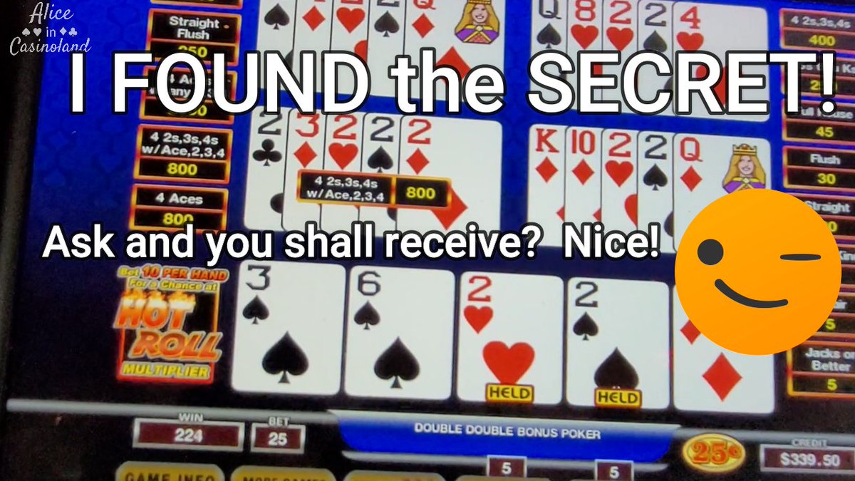 AliceInCasino's tweet photo. I think I found the secret to hitting those great hands on video poker. Just ask nicely! 😂 #videopoker #quads #AliceInCasinoland #doubledoublebonus #casino #gambling #winning
https://t.co/IgIhLTcmrb https://t.co/ob5QEEUu5v