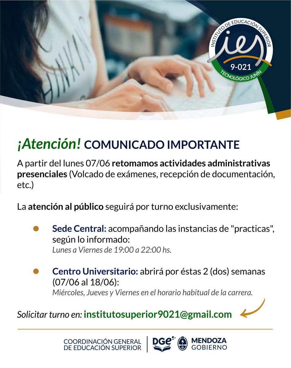 IES9021's tweet photo. ¡Atención! COMUNICADO IMPORTANTE
Solicitud de turnos en: institutosuperior9021@gmail.com https://t.co/KlLA1ggvfo