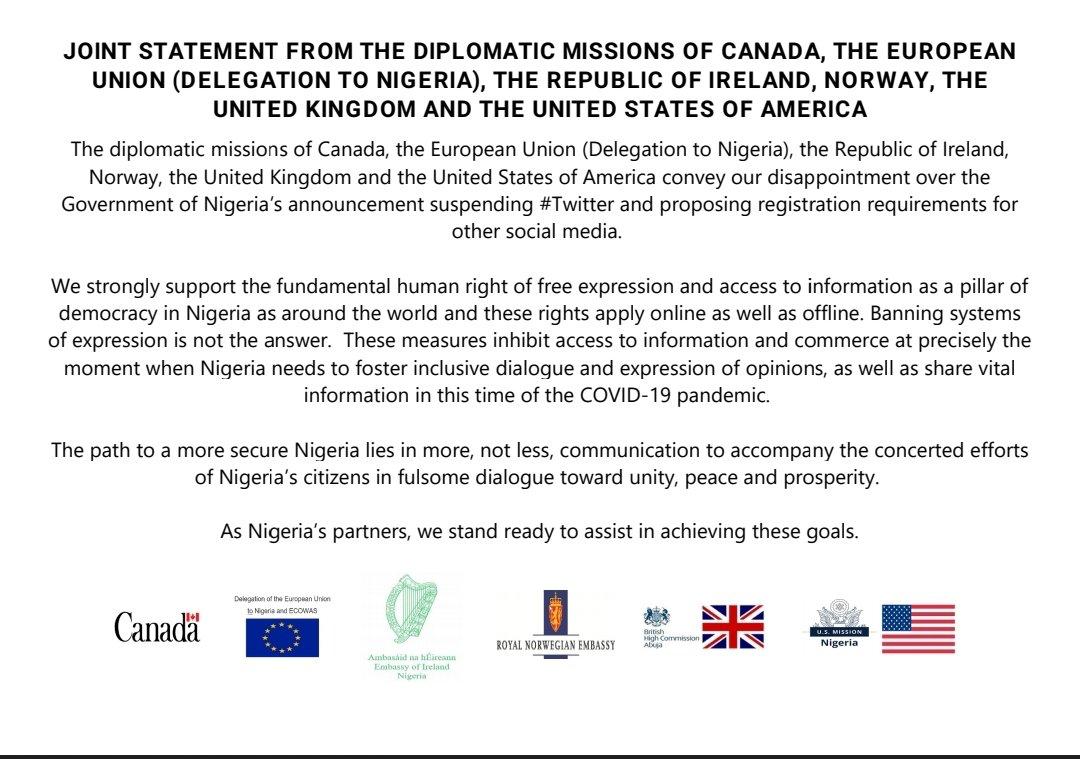 oaaigbe's tweet photo. Joint statement in support of free speech. The suspension of @Twitter is clearly an attempt to further close the civic space, which is already repressive.

#RestoreTwitter 
#SecureTwitter 
@livingtruely 
@bbiodun 
@ChidiOdinkalu 
@DCTwining 
@MatthewTPage 
@Dev4Security https://t.co/MZDq9oDcef