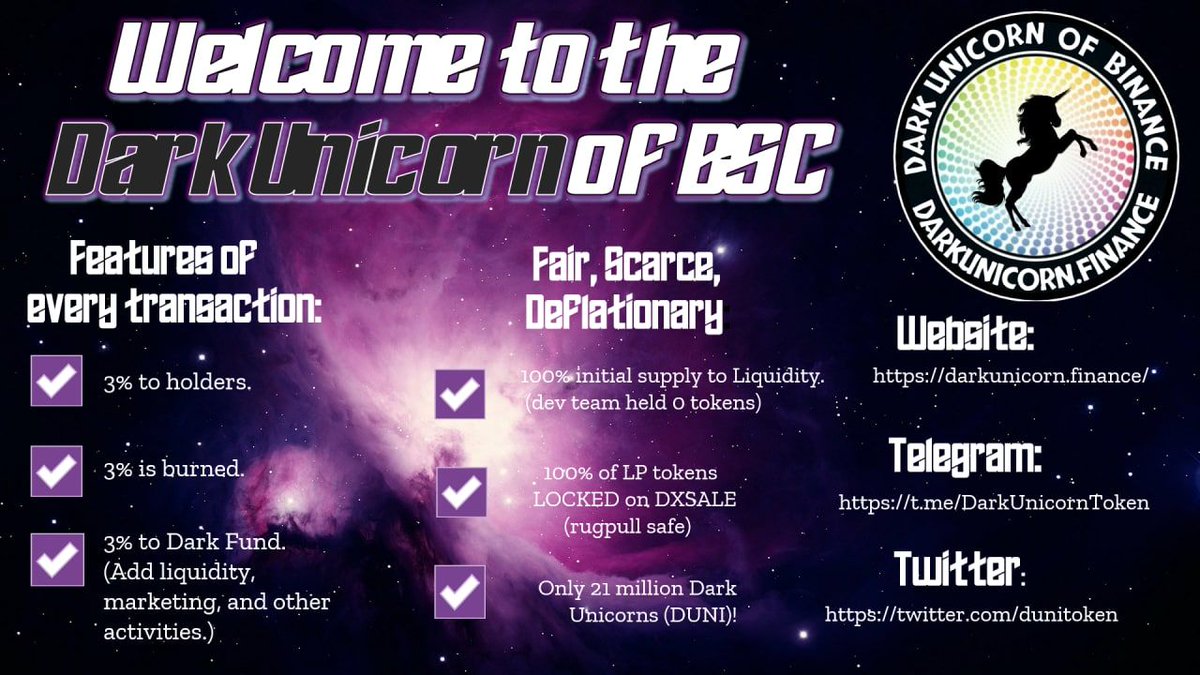 Thus project looks so cool, DYOR!

Only 21 million Dark Unicorns
 ($DUNI)

Website 🌎
darkunicorn.finance
Twitter
x.com/dunitoken
Chart 📊
poocoin.app/tokens/0x0486d…
Contract 📃
bscscan.com/token/0x0486Db…
Pancakeswap 🥞
exchange.pancakeswap.finance/#/swap?outputC…
Telegram 👬 
@DarkUnicornToken