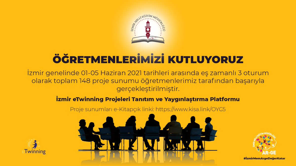 🔊İzmir genelinde 01 – 05 Haziran 2021 tarihleri arasında eş zamanlı 3 oturum olarak toplam 148 eTwinning proje sunumu öğretmenlerimiz tarafından başarıyla gerçekleştirilmiştir.  
Sunum yapan tüm öğretmenlerimizi kutlarız.
Proje sunumları e-Kitapçık linki: kisa.link/OYC5
