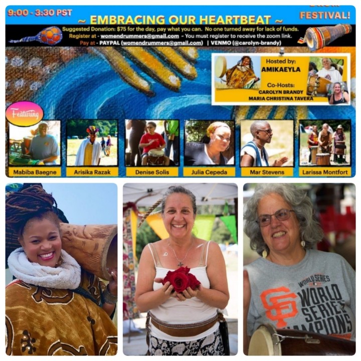 Join #EmbracingOurHeartbeat virtual drumming festival tomorrow, even if you can only make a portion of the day. This is a pay-what-you-can event. Our hosts include vocalist #Amikaeyla, Christina Tavera, and WDI founder #CarolynBrandy. See womendrummers.org to register.