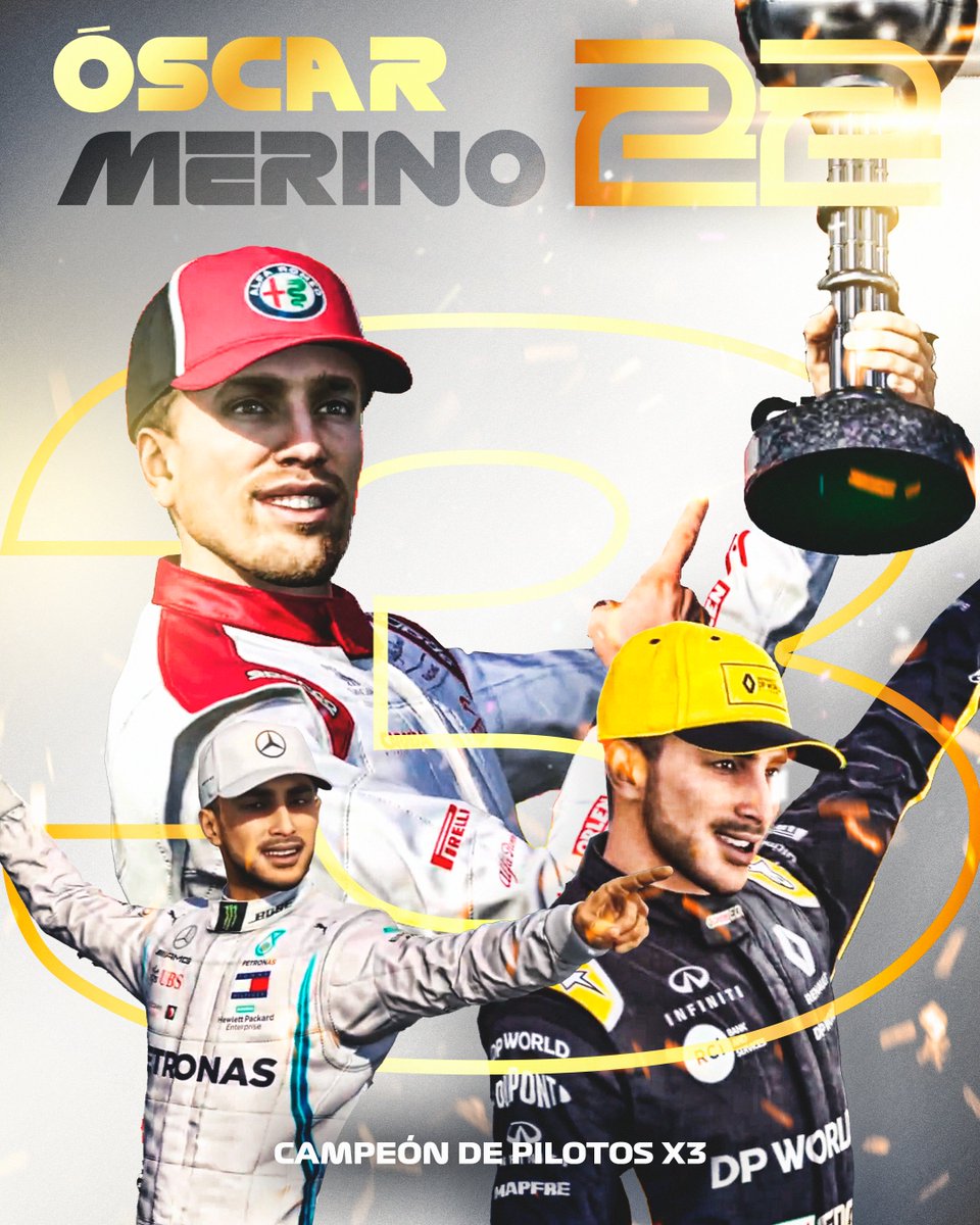 ECDF1's tweet image. 🏆🏆🏆

𝓒𝓱𝓪𝓶𝓹𝓲𝓸𝓷.

@MerinooF1 se proclama como nuevo tricampeón y sigue aumentando su palmarés en #ECDF1. 

#F12020 #TemporadaXVIII