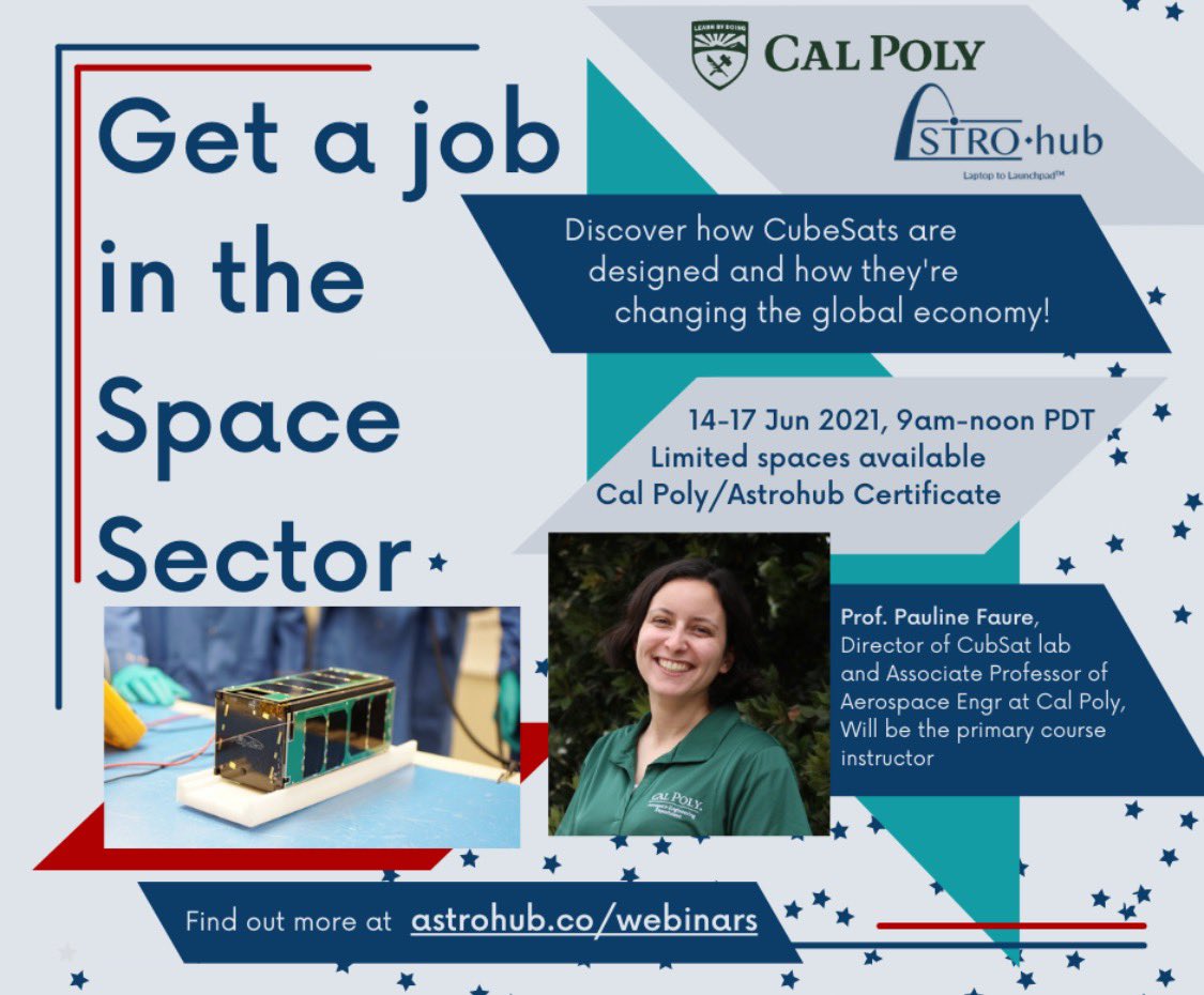 From June 14-17, AstroHub and Cal Poly are partnering to offer an interactive training course headed by Dr. Pauline Faure to professionals and students who are interested in learning CubeSat development! Spaces are limited, so sign up today!
#cubesat #polysat