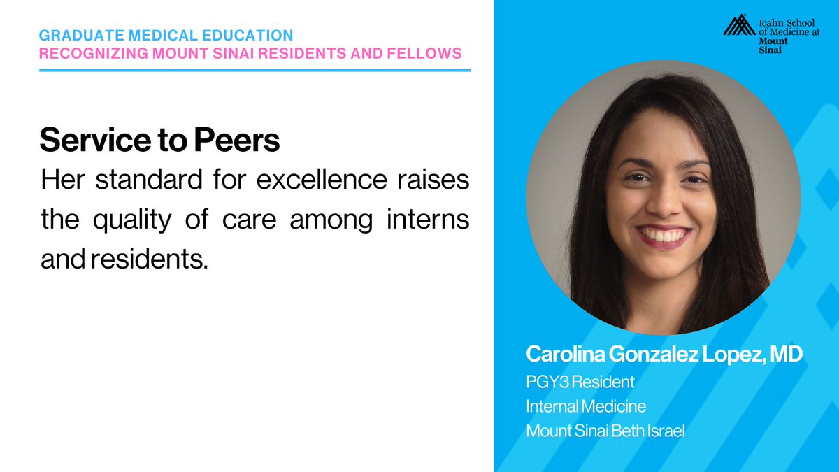 MountSinaiNYC's tweet photo. Congratulations to Dr. Carolina Gonzalez Lopez, PGY3 Internal Medicine Resident, for being peer-nominated for excellence and her dedication to patients, interns and residents. #ResidentAndFellowAppreciationWeek https://t.co/cH6ZnGOWWP