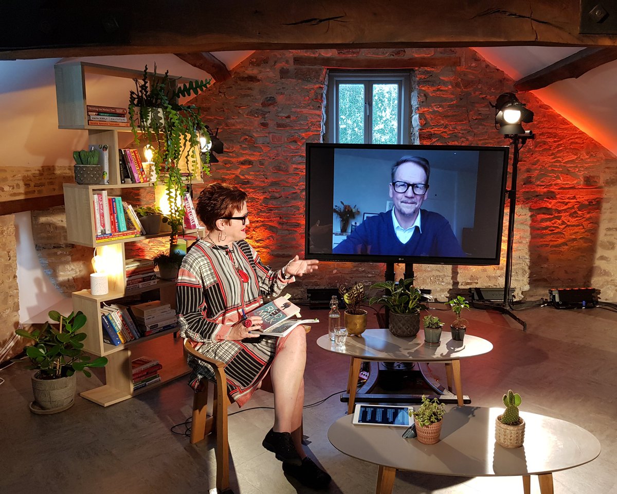 GoldRosie's tweet photo. Watching him watching me watching us: hope YOU were watching @Sjonorama - beaming in from #Rejkyavik to us @hayfestival to present his novel #RedMilk @SceptreBooks https://t.co/KcZ8DL8Zlw