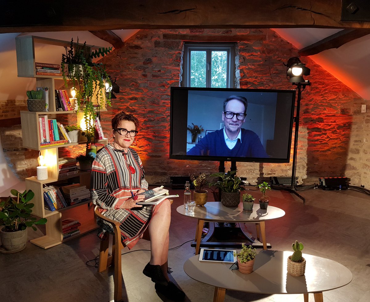 GoldRosie's tweet photo. Watching him watching me watching us: hope YOU were watching @Sjonorama - beaming in from #Rejkyavik to us @hayfestival to present his novel #RedMilk @SceptreBooks https://t.co/KcZ8DL8Zlw