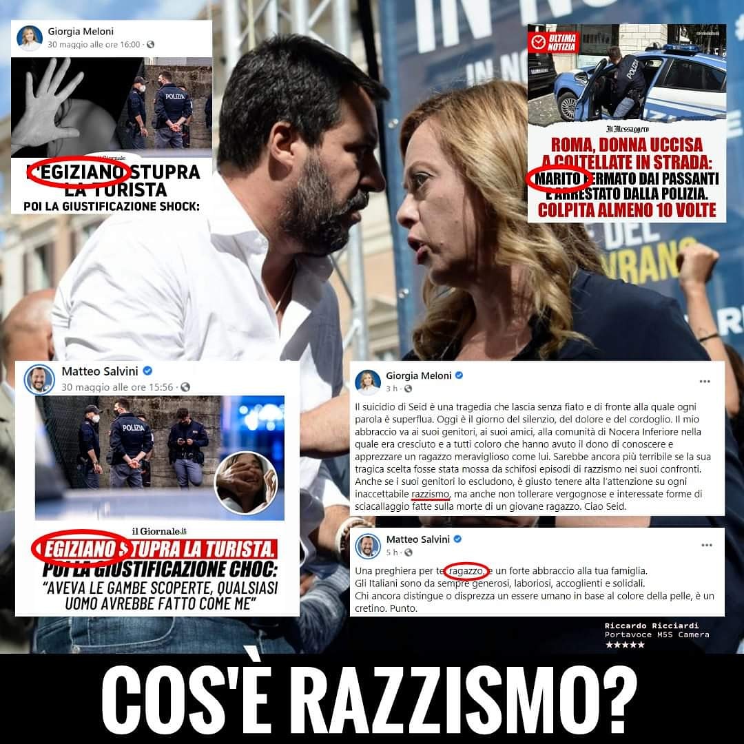 NON SONO RAZZISTA MA... Quando un uomo egiziano stupra, Matteo #Salvini e Giorgia #Meloni riprendono come titolo “Egiziano stupra...” Quando un uomo italiano uccide, dovrebbero scrivere “Italiano uccide...”, invece scrivono: “Marito uccide...” Continua⤵️ facebook.com/41218383594909…