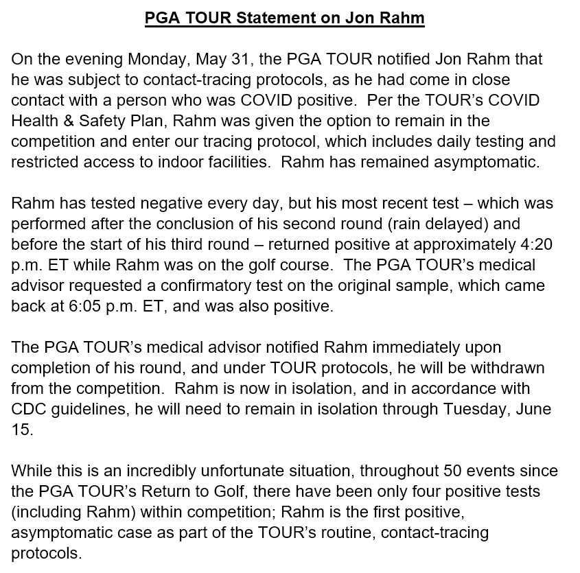 CBSSportsHQ's tweet image. Jon Rahm has tested positive for Covid-19 after leading by 6 strokes through 3 rounds.

Statement from the PGA Tour