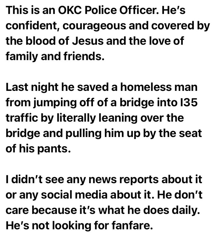 OKCPD's tweet photo. A proud father-in-law shared this story of bravery about his son-in-law, Officer Harbert.

Thought we’d share. https://t.co/yaXBTL2hRL