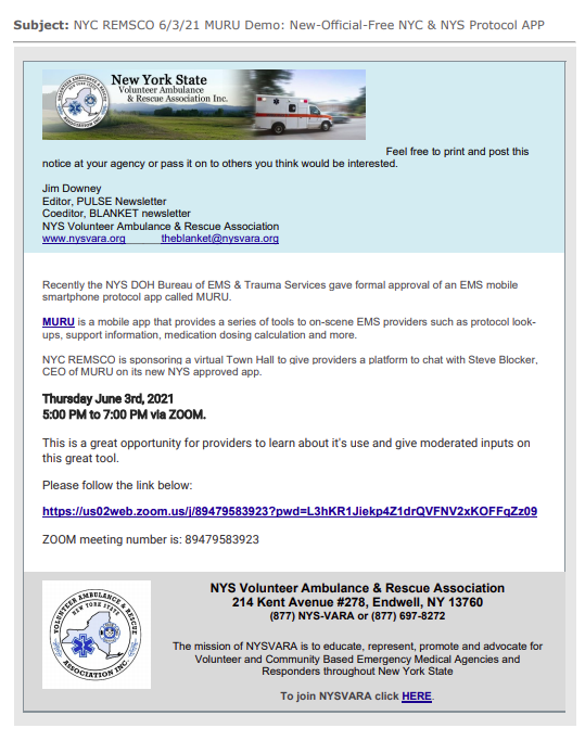 NYS DOH Bureau of EMS &amp; Trauma Services gave formal approval of an EMS mobile smartphone protocol app called MURU.

MURU is a mobile app that provides a series of tools to on-scene EMS providers such as protocol lookups, support information, medication dosing calculation &amp; more.