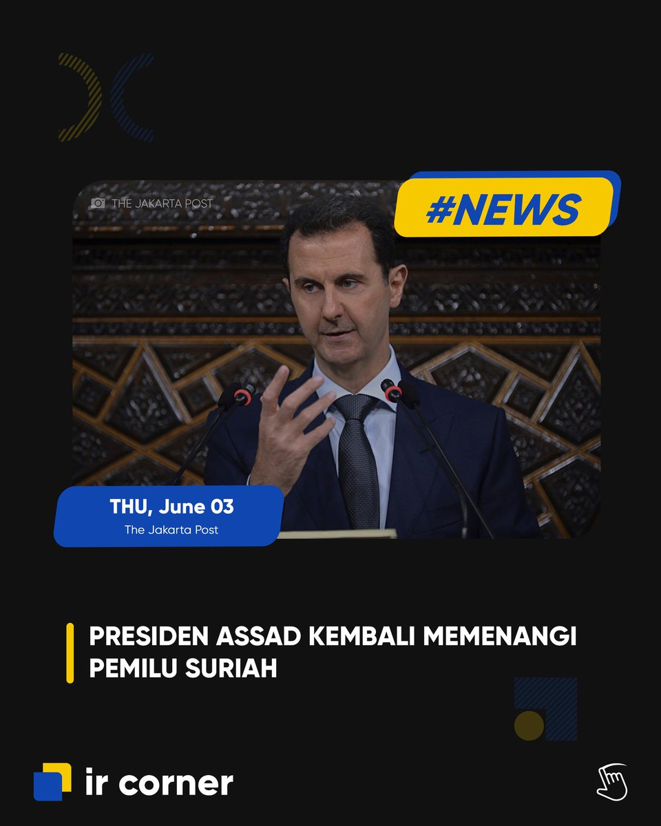 ir_corner's tweet photo. Presiden Assad kembali memenangkan pemilu Suriah dan kemenangan ini mendapat respon negatif negara-negara barat. Yuk, bagikan pendapatmu di kolom komentar!

#InternationalRelations #HubunganInternasional #IRCorner #Suriah #BahsarAlAssad https://t.co/wYBRPNPFHP