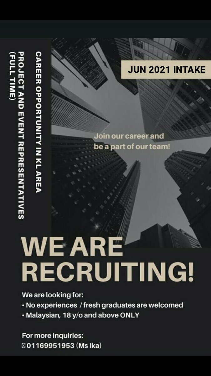 ellegrey1118's tweet photo. Recruiting people out there! 🔈❕

@kerjakosong123 @Oh_KerjaKosong @Jobkerjaya @twt_kerja @Twt_MKHcareer @kerja_kosongMY @jobseekers91 @MusKerjaKosong @ejawatankosong @getme_hired @twtkerjakosongg 

#sebarkerja #OhKerjaKosong #KerjaKosong #JawatanKosong #KerjaKosongTerkini https://t.co/WqZnwnGB1I