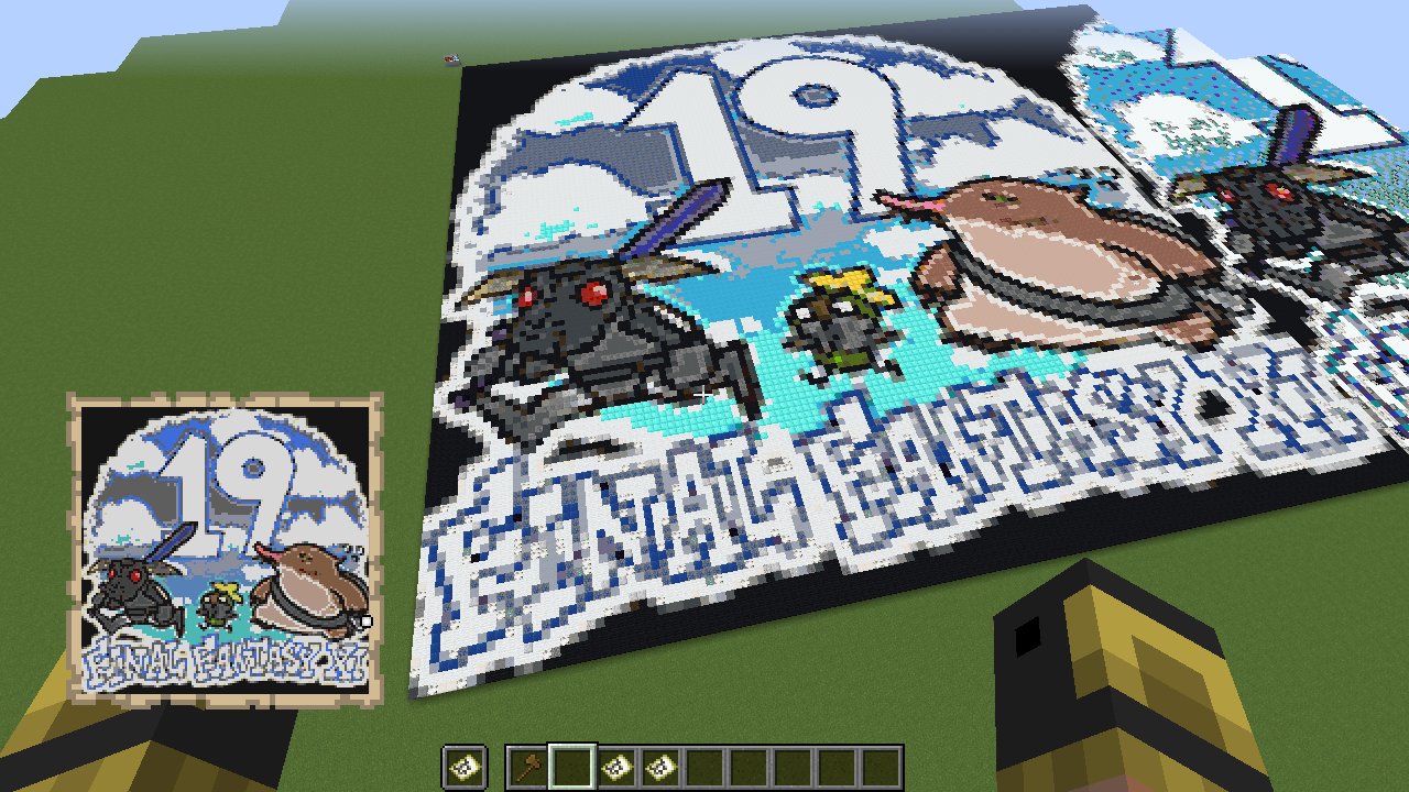 鮒 マイクラで画像を地上絵化する方法はいくつかあって ツールやmodを駆使すれば比較的短い時間で作ることも可能です 今回の場合は自動変換では自分好みの色合いにならなかったので ポチポチとブロックを置いて調整しながら作ってみました 折角調べた