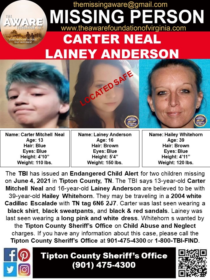 UPDATE:  The Tennessee Bureau of Investigation announced 16-year-old Lainey Anderson, who was reported missing out of Tipton County, has been found safe.
An Endangered Child Alert for 13-year-old Carter Mitchell Neal remains active.