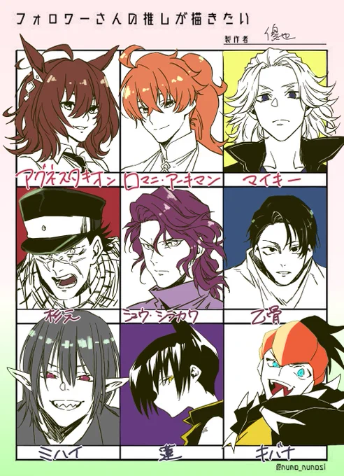 #フォロワーさんの推しが描きたい
フォロワーさんと私の推し27人くらい描いたよ
マジ初見のキャラもいるので致命的な間違いがなければいいなぁ……… 