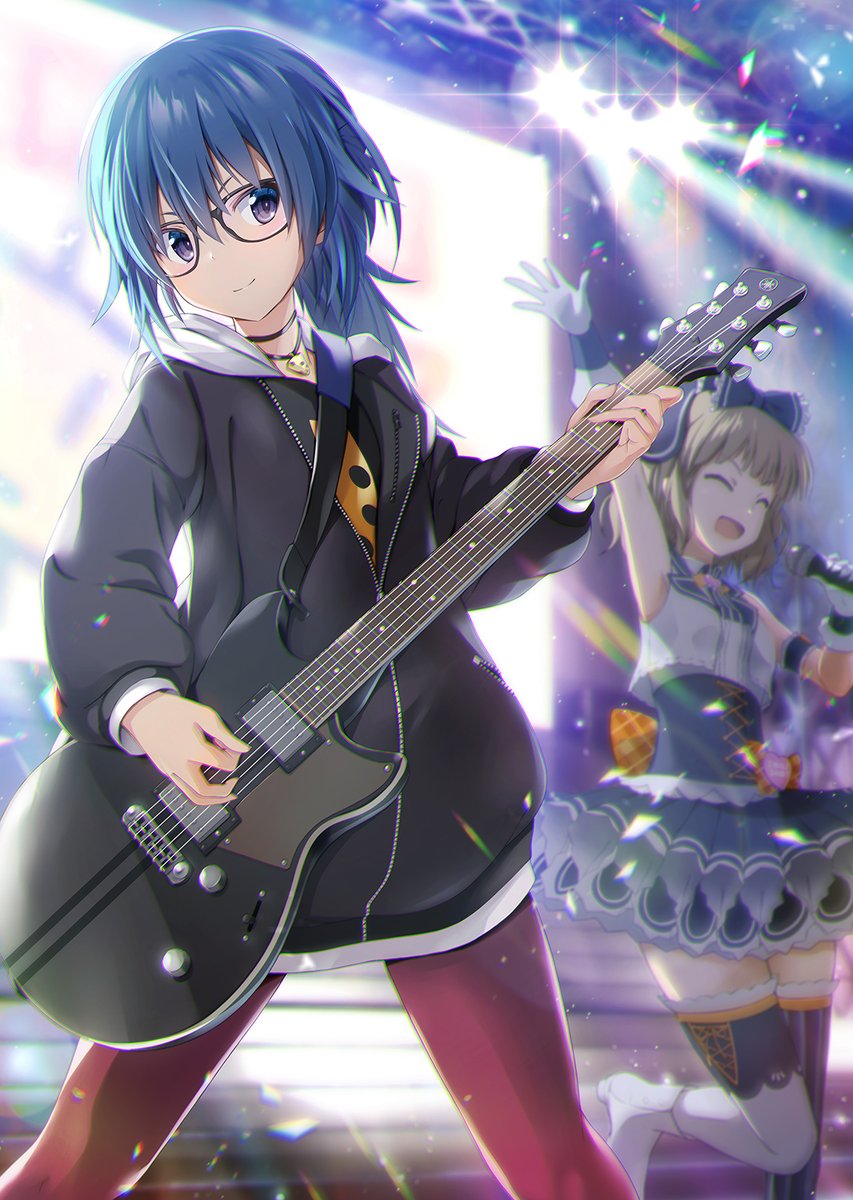 multiple girls 2girls instrument glasses guitar smile blue hair  illustration images