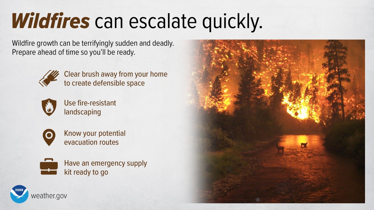 Be prepared for wildfires ahead of time. Clear brush away from your home, know potential evacuation routes, and have an emergency supply kit ready to go.