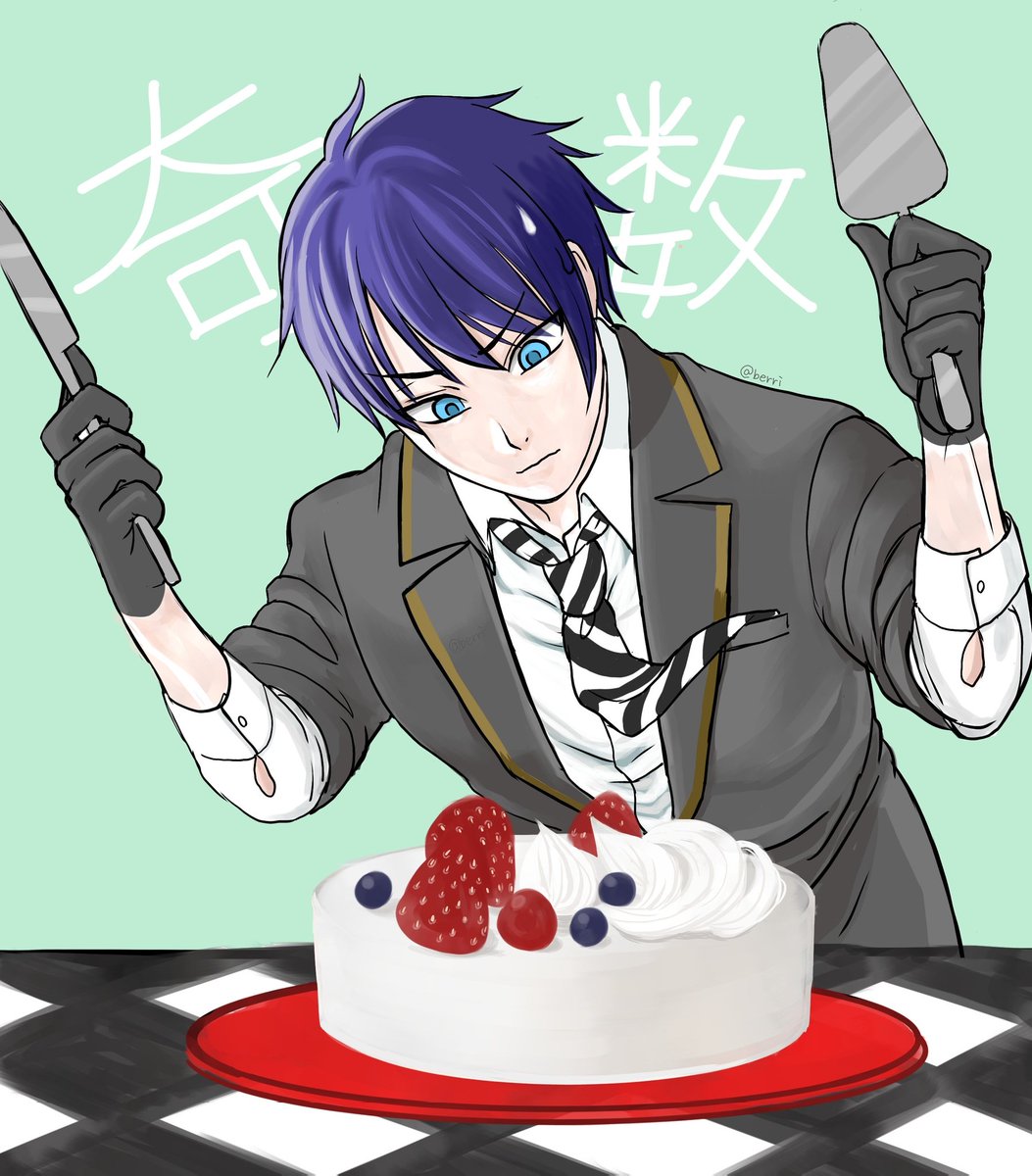 food 1boy male focus blue eyes gloves solo blue hair  illustration images