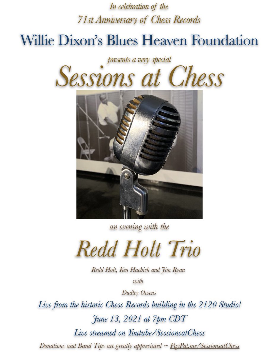 Due to circumstances beyond our control, today we are unable to present Sessions at Chess with the Redd Holt Trio.
Please tune in on Sunday, 
June 13th, for this very special performance. We promise, it will be well worth the wait!
Thank you for your support and understanding❣️