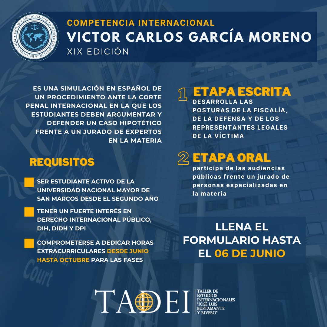 tadei_unmsm's tweet photo. #ConvocatoriaDPI #CompetenciaVCGM
👩🏻💻REQUISITOS:
✔ Estudiantes de la UNMSM desde el segundo año.
✔ Fuerte interés en el DIP, DIDH, DIH y DPI.
✔Compromiso de dedicar horas extracurriculares.
✔ Llenar el formulario hasta el 06 de junio.
📌Link: https://t.co/02n05HOvLW https://t.co/krTVtX6MDA