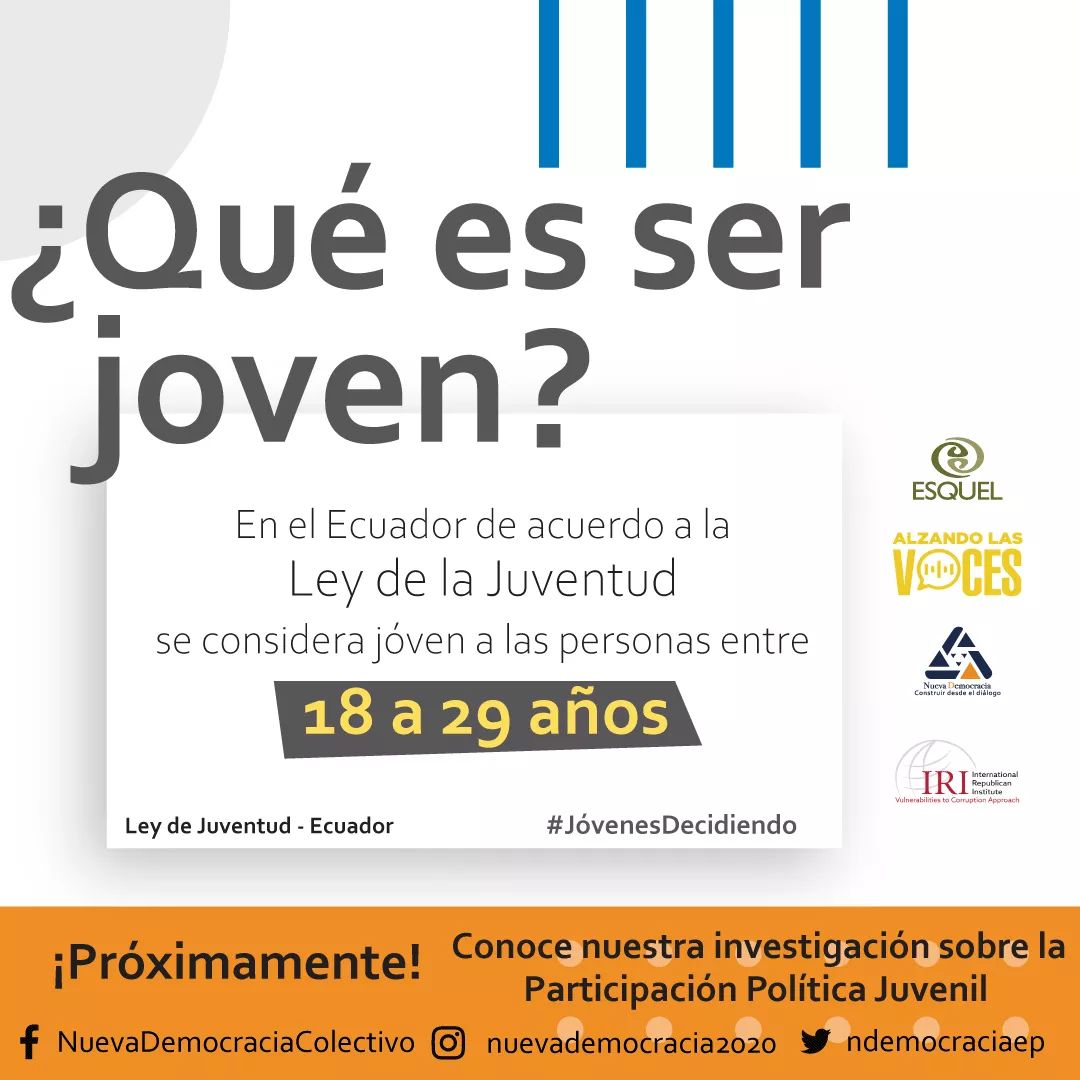 ndemocraciaep's tweet image. 👉¿QUÉ ES SER JOVEN?👈

😎 En el Ecuador de acuerdo a la LEY DE LA JUVENTUD se considera joven a las personas entre 18 a 29 años.

📢¡PILAS! Conoce pronto la investigación sobre la Participación Política Juvenil en el Ecuador. 

#JovenesDecidiendo 
#politica #joven #democracia