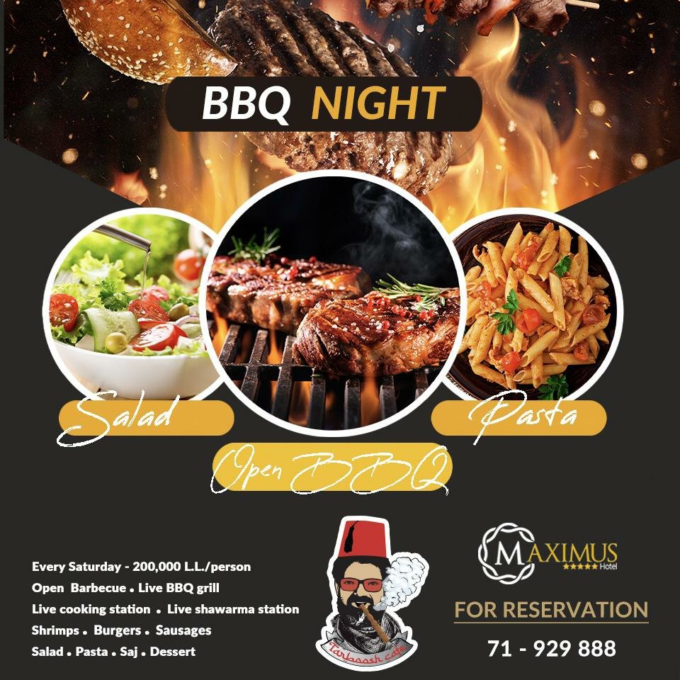 CafeTarboosh's tweet photo. Set your calendars for Saturday night because our grill will set the night on fire!
Welcome to our Barbecue experience every Saturday night for only 200 000 LBP per person.
Buffet includes: Open drinks, live cooking and Shawarma stations, salads, saj and desserts.
Don't miss it ! https://t.co/UOFkee1kOa