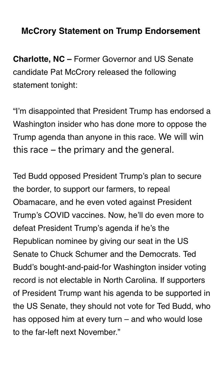 LorettaBoniti's tweet photo. .@PatMcCroryNC releasing a statement in response to President Trump endorsing @RepTedBudd for #ncsen   #ncpol https://t.co/sXYNpGjahg