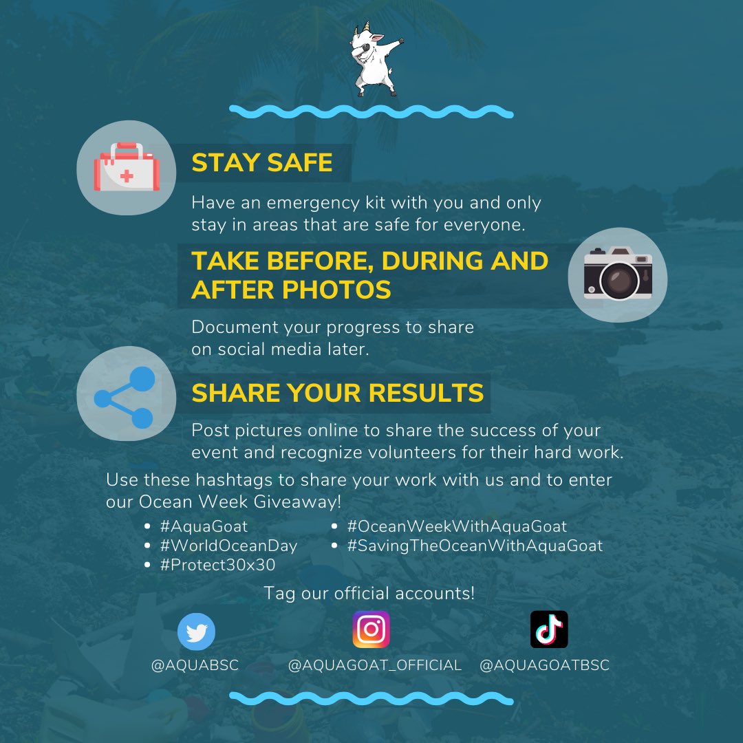 AquaBsc's tweet photo. In honor of Ocean Week, consider joining the @AquaBSC Team in a WORLD WIDE Beach Clean-up Campaign! Who knows, there might be something extra in it for you... 😉

#AquaGoat #WorldOceanDay #Protect30x30 #OceanWeekWithAquaGoat #SavingTheOceanWithAquaGoat https://t.co/rNJgRFpYJr