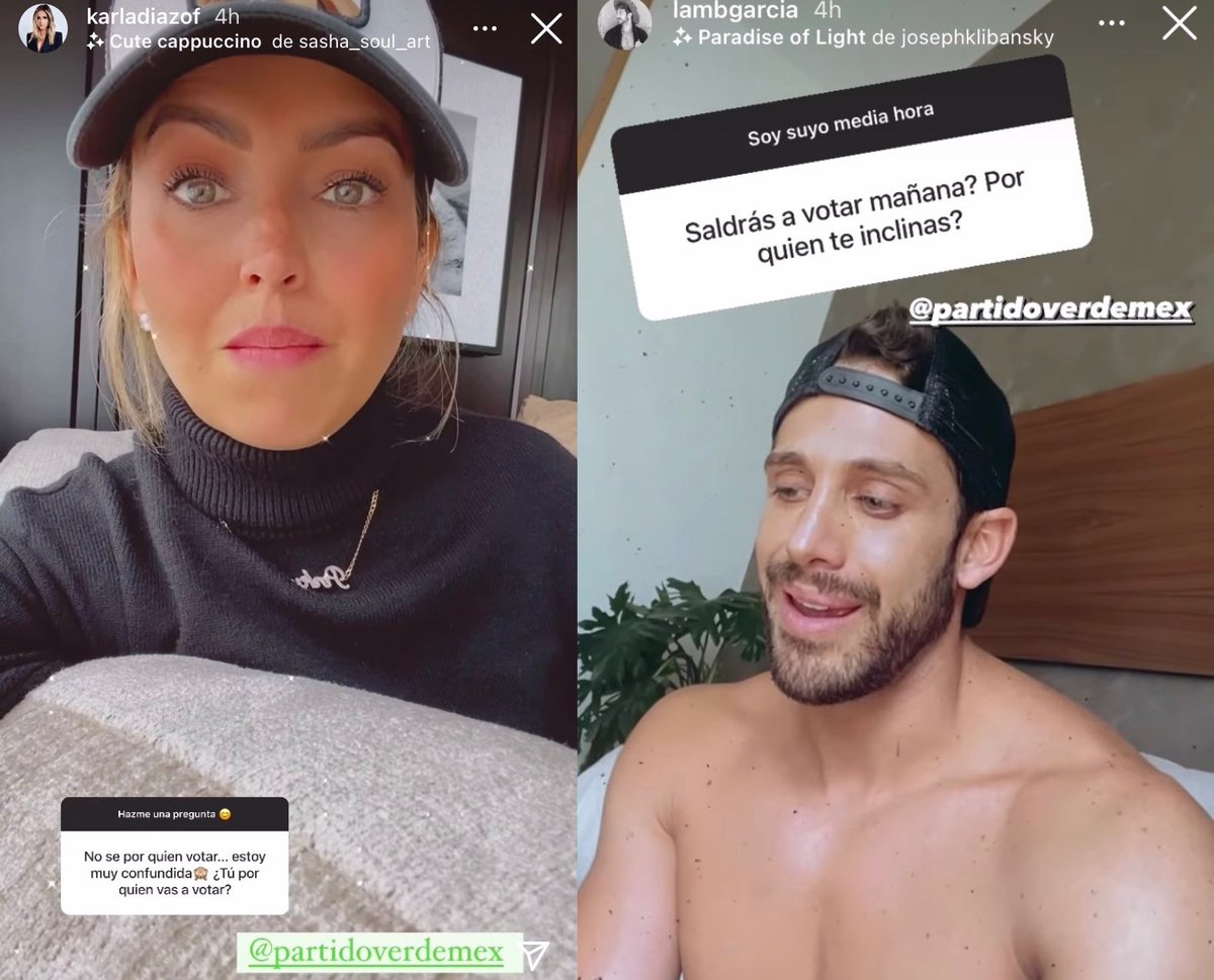 Lalogale's tweet image. Qué curioso que los famosos que están subiendo historias en IG apoyando al Partido Verde (en plena veda electoral) pertenecen a la misma agencia de management 🤔