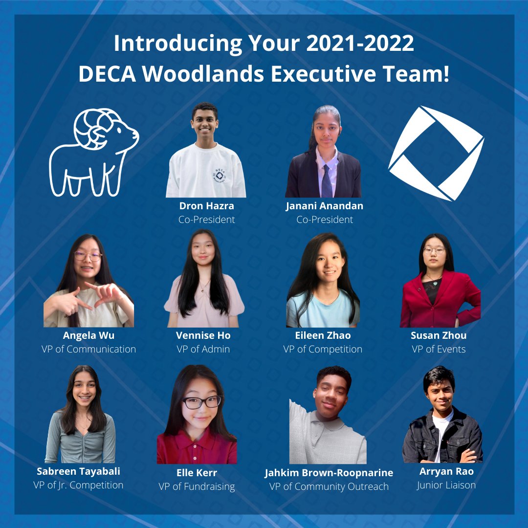 We are proud to introduce our DECA Woodlands Executives for the 2021-2022 year!
As the current school year comes to a close, the team is working hard to ensure the best chapter experience come September. See you next year! 
<a href="/woodlandsrams/">The Woodlands School</a> <a href="/thewoodlandsELP/">The Woodlands ELP</a>