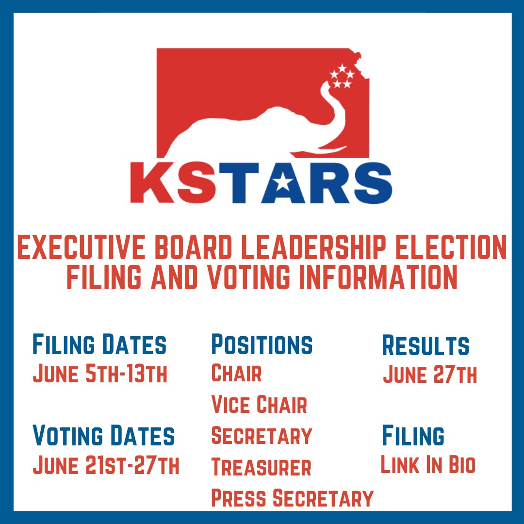 The Kansas Teenage Republicans are holding executive board leadership elections! File to run for a position through  the link in our bio by June 13th at 11:59 pm. All KS TARS members in the classes of 2022, 2023, and 2024 are eligible.