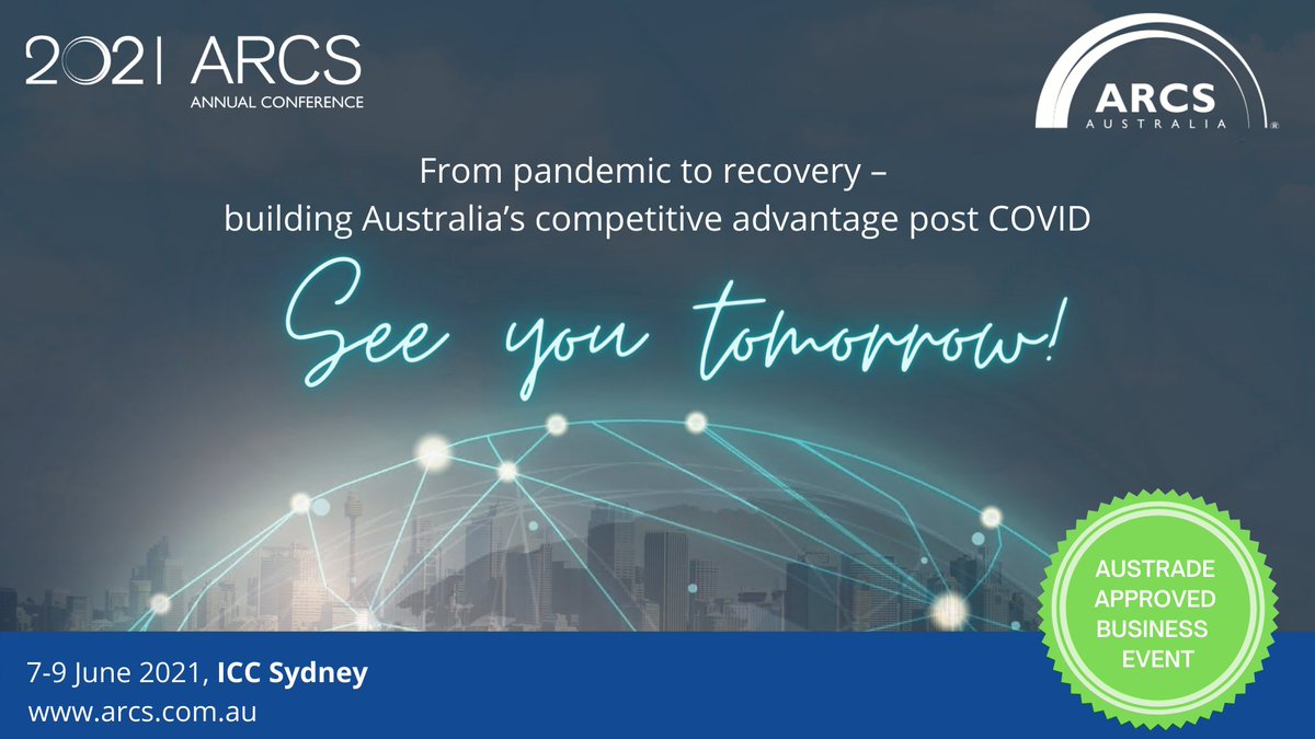 LifeSciencesAu's tweet photo. The 2021 ARCS  Annual Conference starts tomorrow, 7 June at ICC Sydney! We are excited to see you in person! We're ready for a full packed 3 days to join the sector to educate, network and unite in a time of change. Don't forget to join in the conversation #ARCSAus &amp; tag us! https://t.co/v4TrWwDoOV