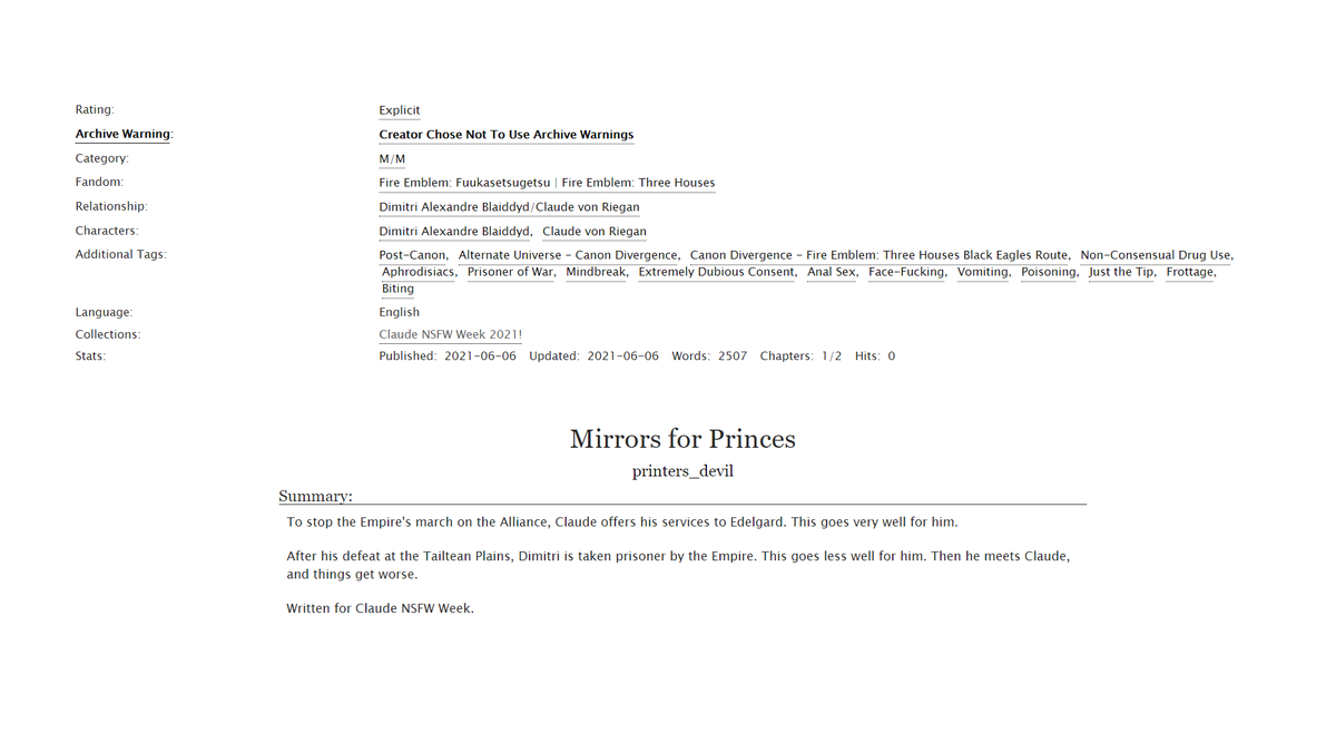 a_printersdevil's tweet photo. For #claudensfwweek: MIRRORS FOR PRINCES.

Dimiclaude, E. Various themes: poison, desperation, control, &amp;c &amp;c

When King Dimitri is taken prisoner by the Empire, it falls to Claude to, hmm. Ensure his cooperation. (And Claude isn't taking any chances.)

https://t.co/Ybbk5Wxeu8 https://t.co/rfulxPOdId