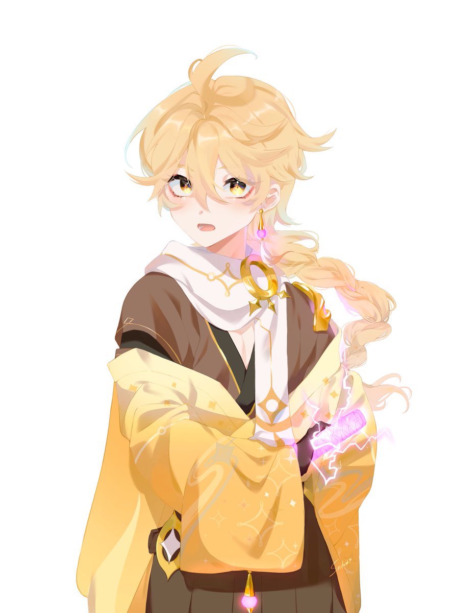 aether (genshin impact) 1boy male focus blonde hair earrings braid jewelry yellow eyes  illustration images