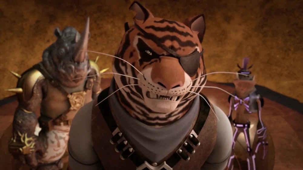 TIGER CLAW now that shredder is gone there is another threat someone very very dangerous he calls himself the newtralizer
ROCKSTEADY ha you consider him a threat 
TIGER CLAW YELLS hes a threat to all of us hes more dangerous than you think he must be destroyed at any cost