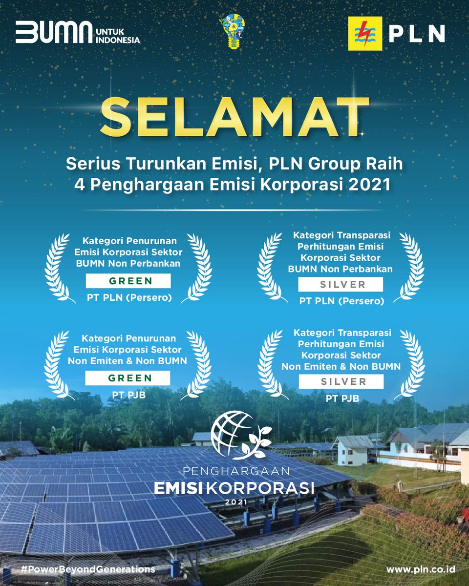 _pln_id's tweet photo. Electrizen,
PLN Group berhasil meraih 4 (empat) penghargaan Emisi Korporasi 2021. Raihan ini menjadi bukti keseriusan PLN dalam penurunan emisi gas rumah kaca (GRK). 
#PowerBeyondGenerations #PLNGreen https://t.co/gSxok7ww5c