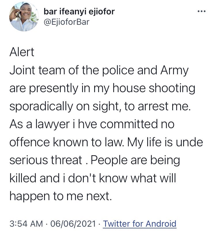 AloyEjimakor's tweet photo. I ask all Nigerians of conscience &amp; all mankind to intervene IMMEDIATELY to save the life of Barrister IFEANYI EJIOFOR. He’s currently under threat. See details below. #KeepItOn https://t.co/7HSMkqKxDu