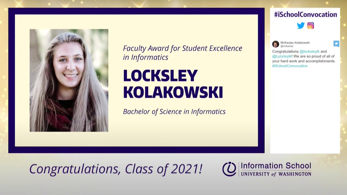 locksleylk's tweet photo. I am so thankful to the University of Washington and the @UW_iSchool to be recognized with the Faculty Award for Student Excellence in Informatics.
I cannot wait to give back to this amazing program and community as an iSchool Alumni. ππ
#iSchoolConvocation π https://t.co/lCdfuMVPDS