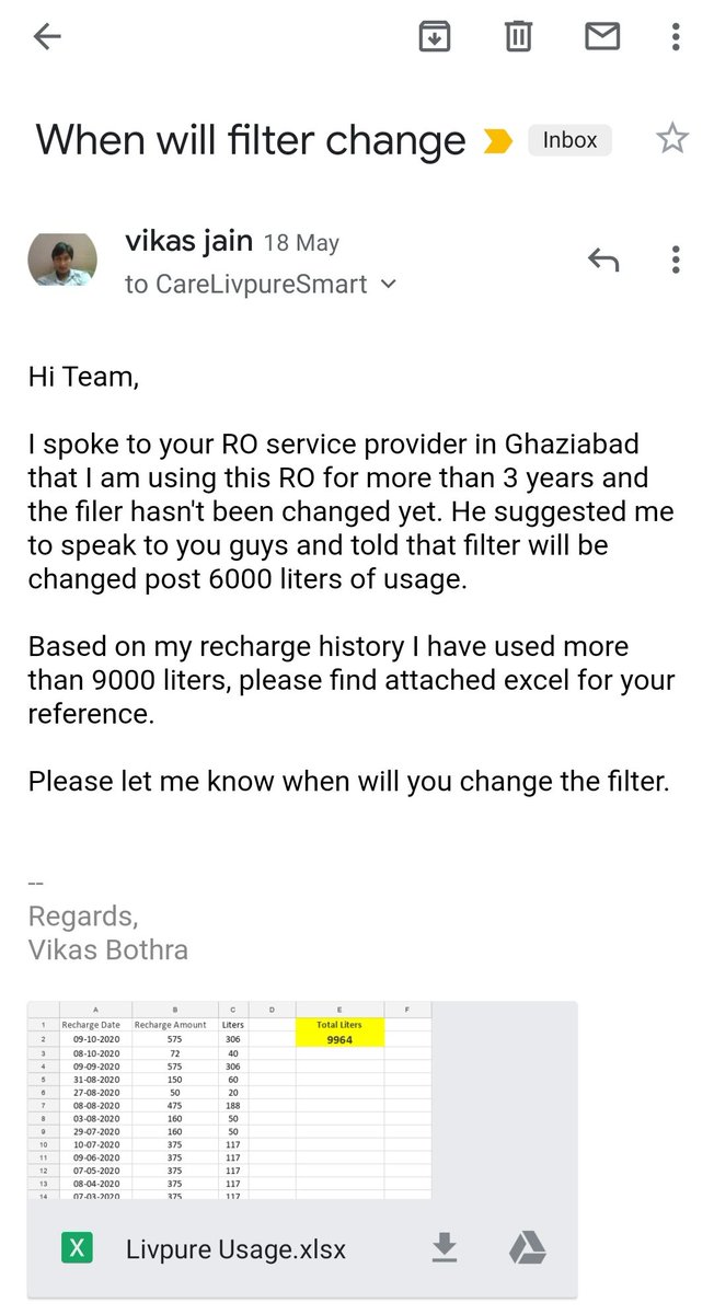 vikas_VB's tweet image. Dear team, have sent a mail on 18 May'21 regarding change of RO filter and given all the relevant details but till now inspite of numerous follow-up no response is received..this shows how much u care abt Customers #Shame @LivpureSmart @jagograhakjago @Quora