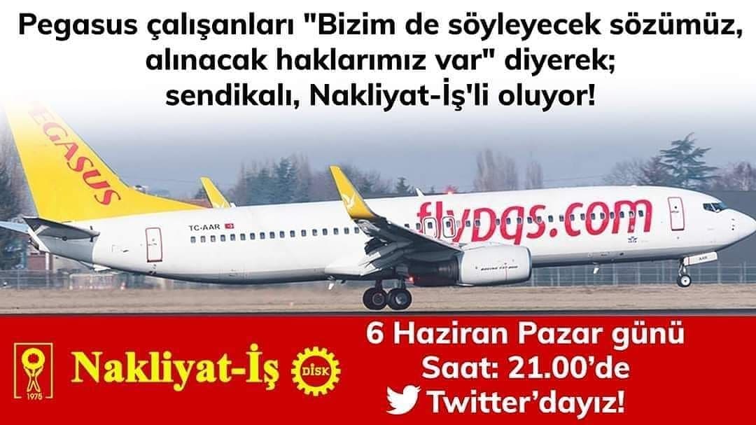 Saat 21:00 Twetter'da Pegasus işçilerinin örgütlenme hakkı için destek olacağız.