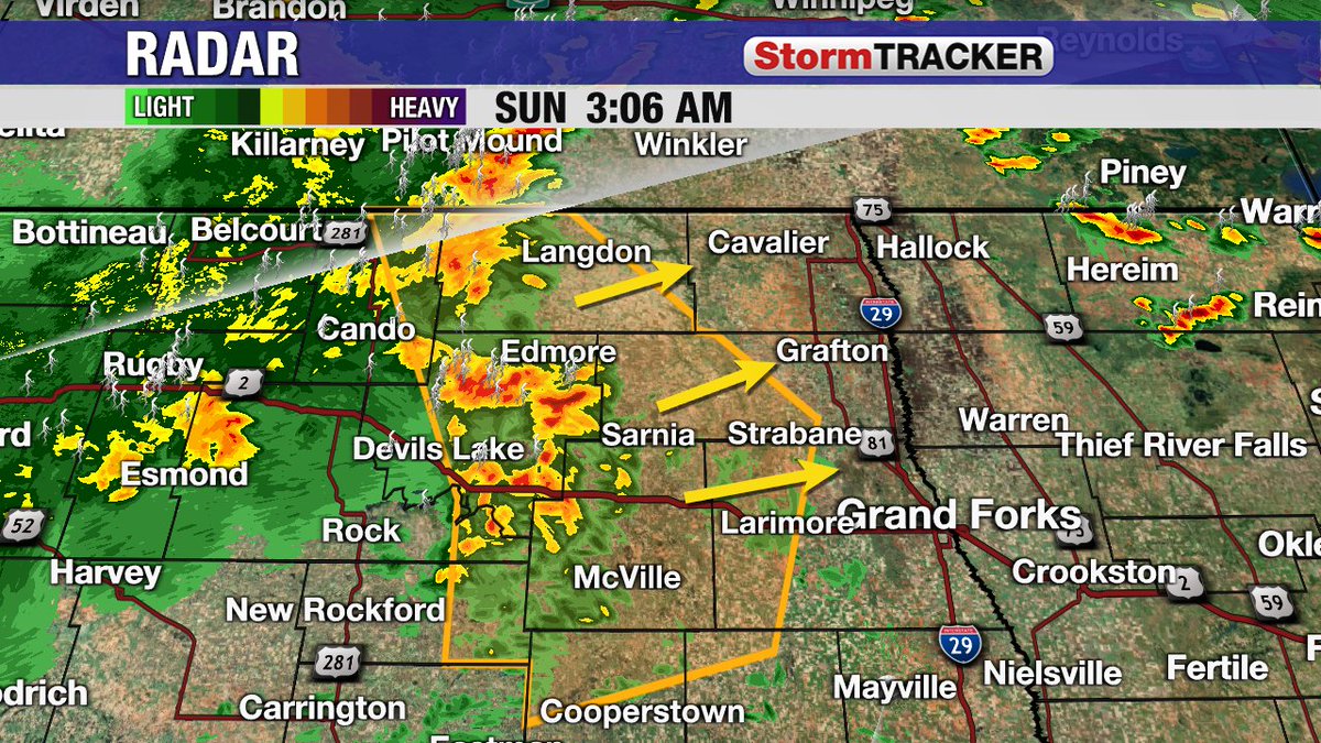 Strong cluster of storms in northeastern ND continues to track northeast late this Saturday night/early Sunday morning. This area of thunderstorms has a history of producing wind gusts over 60 mph.