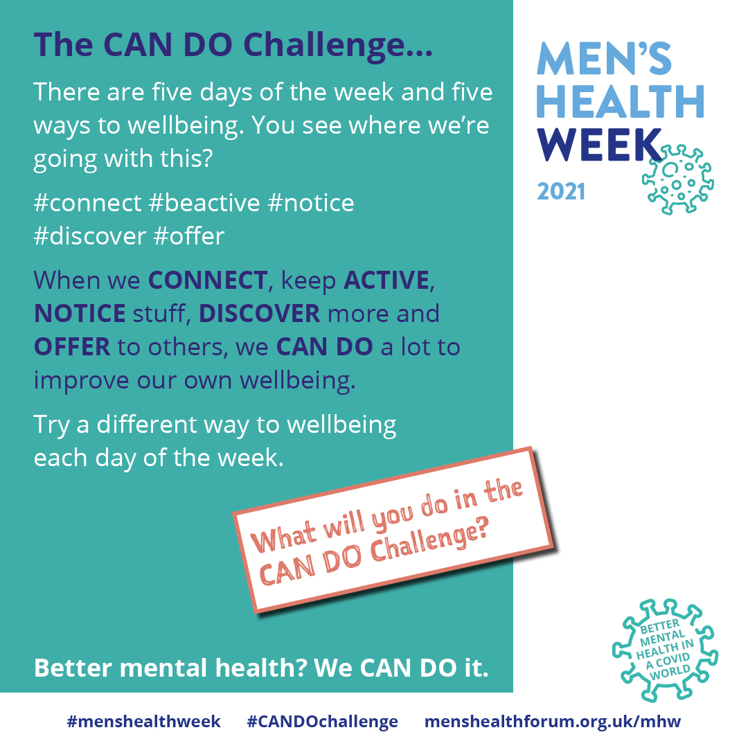 Men's Health Week 🧔

The five ways to wellbeing are things we can all do that are scientifically-proven to help us feel better.

Every day, a different way. The five ways are:

Have a nosey at some ideas of the things you could do: menshealthforum.org.uk/news/50-champi…