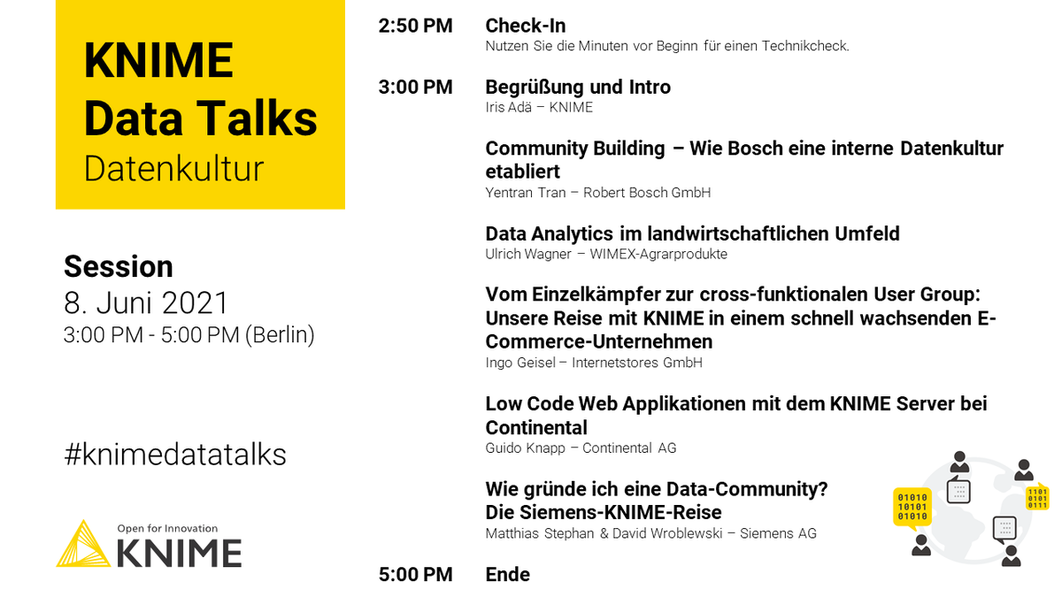 knime's tweet photo. Hier ist die Agenda für den #KNIME Data Talks - Mit visuellen Workflows zur Datenkultur am 8. Juni. https://t.co/VOjKhym1XO

#dataculture #datascience #dataliteracy #digitaltransformation #digitization https://t.co/hZe9agAAv8