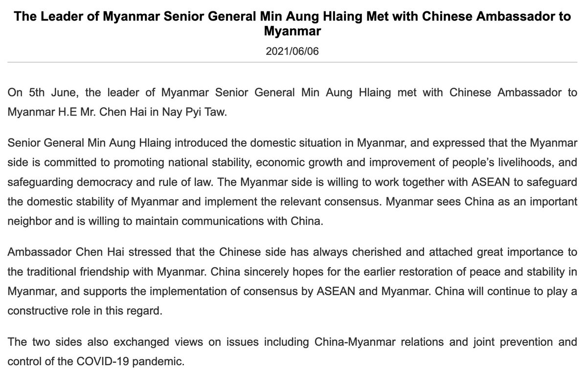 hninyadanazaw's tweet photo. Update: Concerns are being raised among Myanmar citizens as #China attempts to legitimize Myanmar coup leader Min Aung Hlaing by calling him “the leader of Myanmar” in recent press statement for Chinese ambassador visit to Naypyitaw. 
https://t.co/AcF2U2f13Y https://t.co/c9Zab5nnCT
